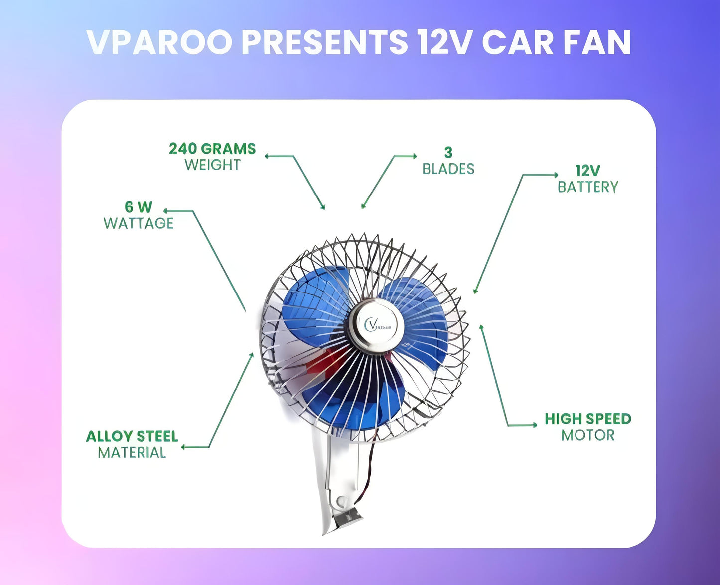 NHR 12 Volts DC Oscillating automotive Fan Directly Run Through Solar Panel or Any 12 Volts Battery, Car Interior Fan, Portable Fan (12 V)